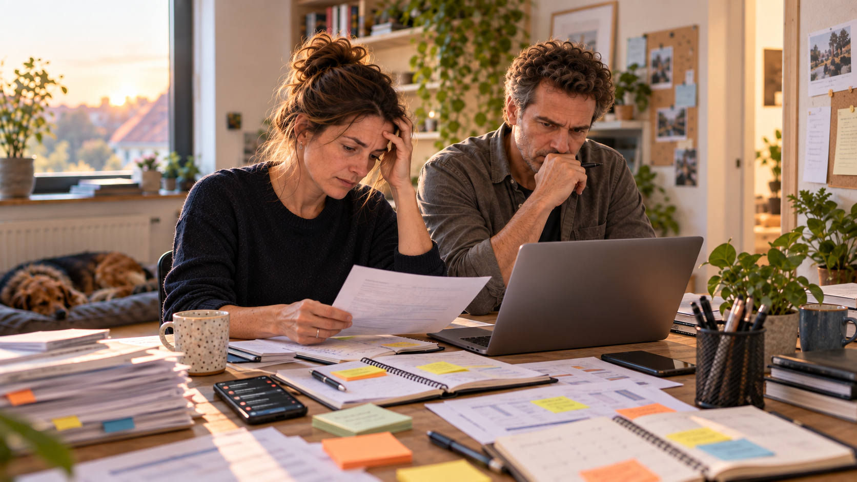 Eine Frau und ein Mann sitzen erschöpft zwischen wiederkehrenden Aufgaben im Homeoffice