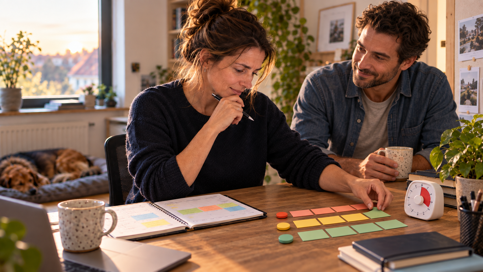 Eine Unternehmerin prüft ihren Zeitdruck mit Timer und Wochenplan
